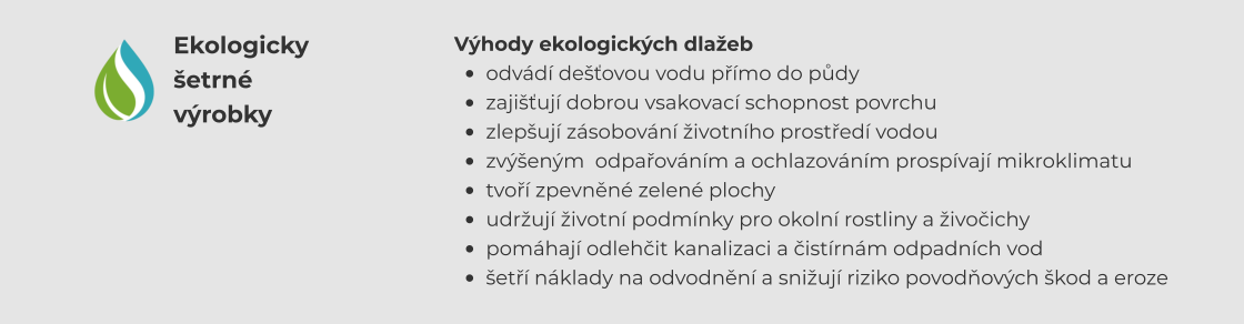 Ekologicky šetrné výrobky Výhody ekologických dlažeb •	odvádí dešťovou vodu přímo do půdy •	zajišťují dobrou vsakovací schopnost povrchu •	zlepšují zásobování životního prostředí vodou •	zvýšeným  odpařováním a ochlazováním prospívají mikroklimatu •	tvoří zpevněné zelené plochy  •	udržují životní podmínky pro okolní rostliny a živočichy •	pomáhají odlehčit kanalizaci a čistírnám odpadních vod •	šetří náklady na odvodnění a snižují riziko povodňových škod a eroze