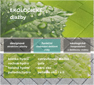 EKOLOGICKÉ dlažby  kostka hydro rochuz hydro holand hydro palladio hydro funkční Vsakování dešťové  vody ekologické hospodaření  s dešťovou vodou designové   atraktivní plochy    zatravňovací dlažba gala karo eko palladio eko I a II