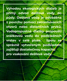 Výhodou ekologických dlažeb je přímý odvod dešťové vody do půdy. Dešťová voda je odváděna z povrchu pomocí zatravňovacích otvorů nebo distančních prvků. Vodopropustné dlažby propouští srážkovou vodu do podkladních vrstev v celé ploše.  Spolu se správně vytvořeným podkladem zajišťují dostatečnou kapacitu  pro vsakování dešťové vody.