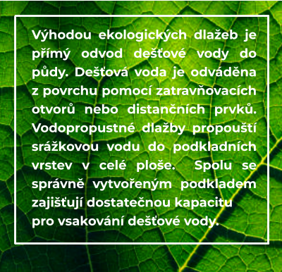 Výhodou ekologických dlažeb je přímý odvod dešťové vody do půdy. Dešťová voda je odváděna z povrchu pomocí zatravňovacích otvorů nebo distančních prvků. Vodopropustné dlažby propouští srážkovou vodu do podkladních vrstev v celé ploše.  Spolu se správně vytvořeným podkladem zajišťují dostatečnou kapacitu  pro vsakování dešťové vody.